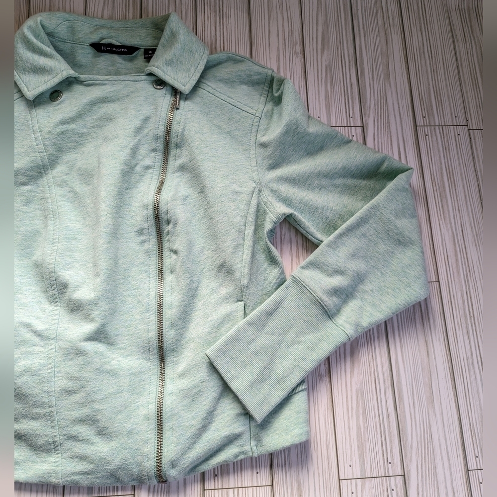 H by Halston Cotton French Terry Moto Jacket in Light Turquoise Size 10 - Picture 3 of 11